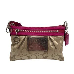 Coach Khaki & Magenta Canvas Signature C Poppy Swing Crossbody Bag